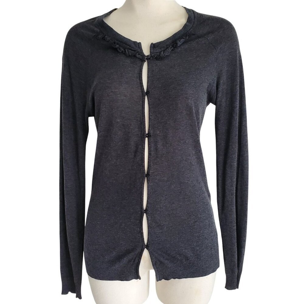 Massimo Dutti Lyocell Cotton Ruffle Detail Neckline Lightweight Gray Cardigan M